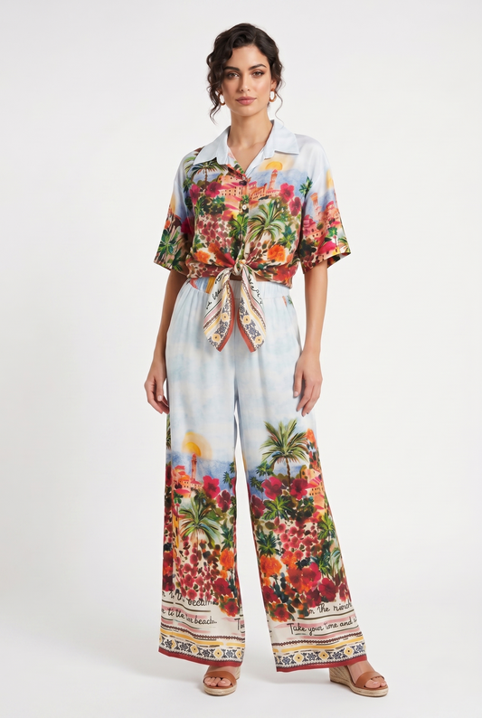 Completo estivo composto da camicia e pantalone 100% viscosa fantasia floreale mediterranea