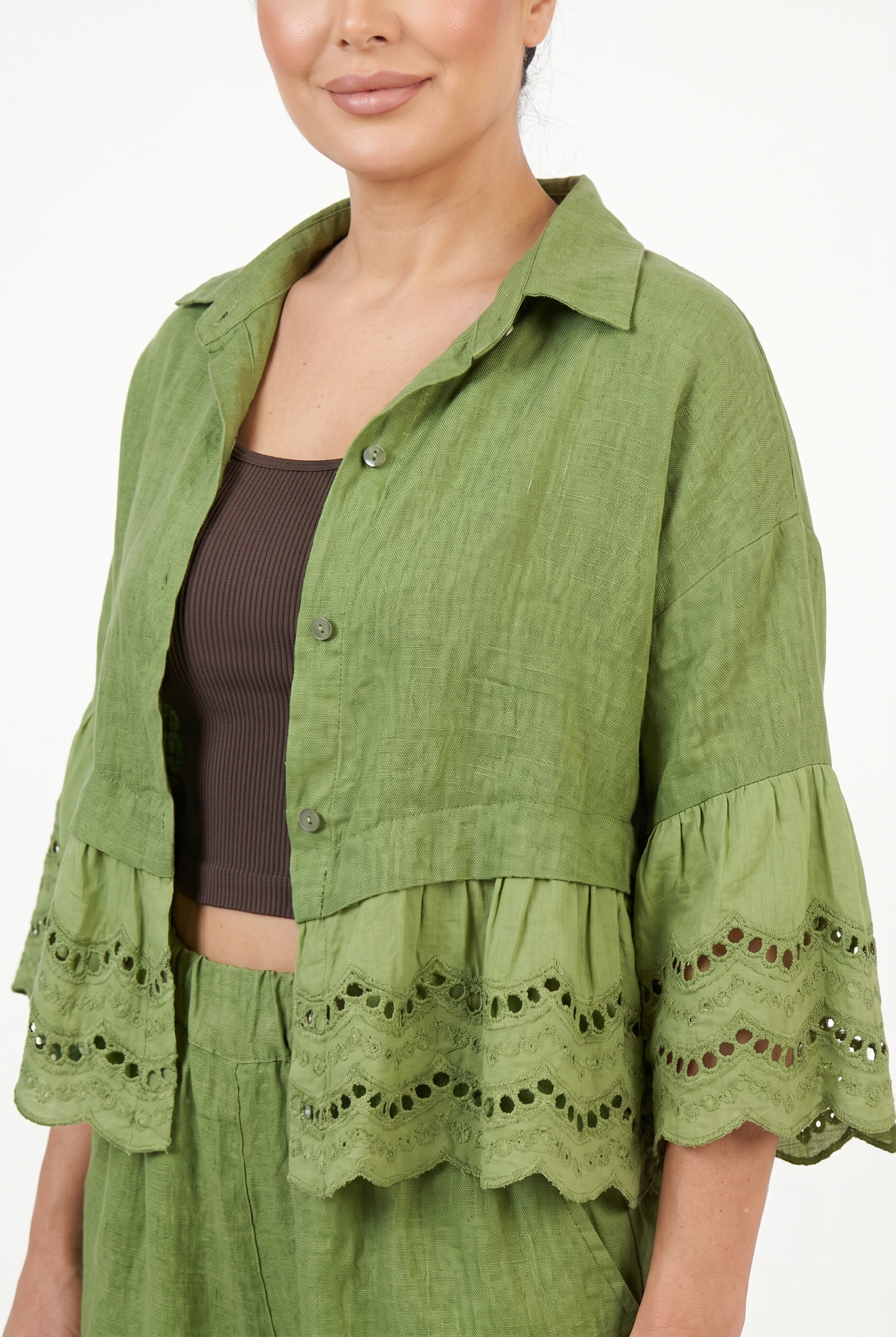 camicia verde acido 100% puro lino con pizzo sangallo