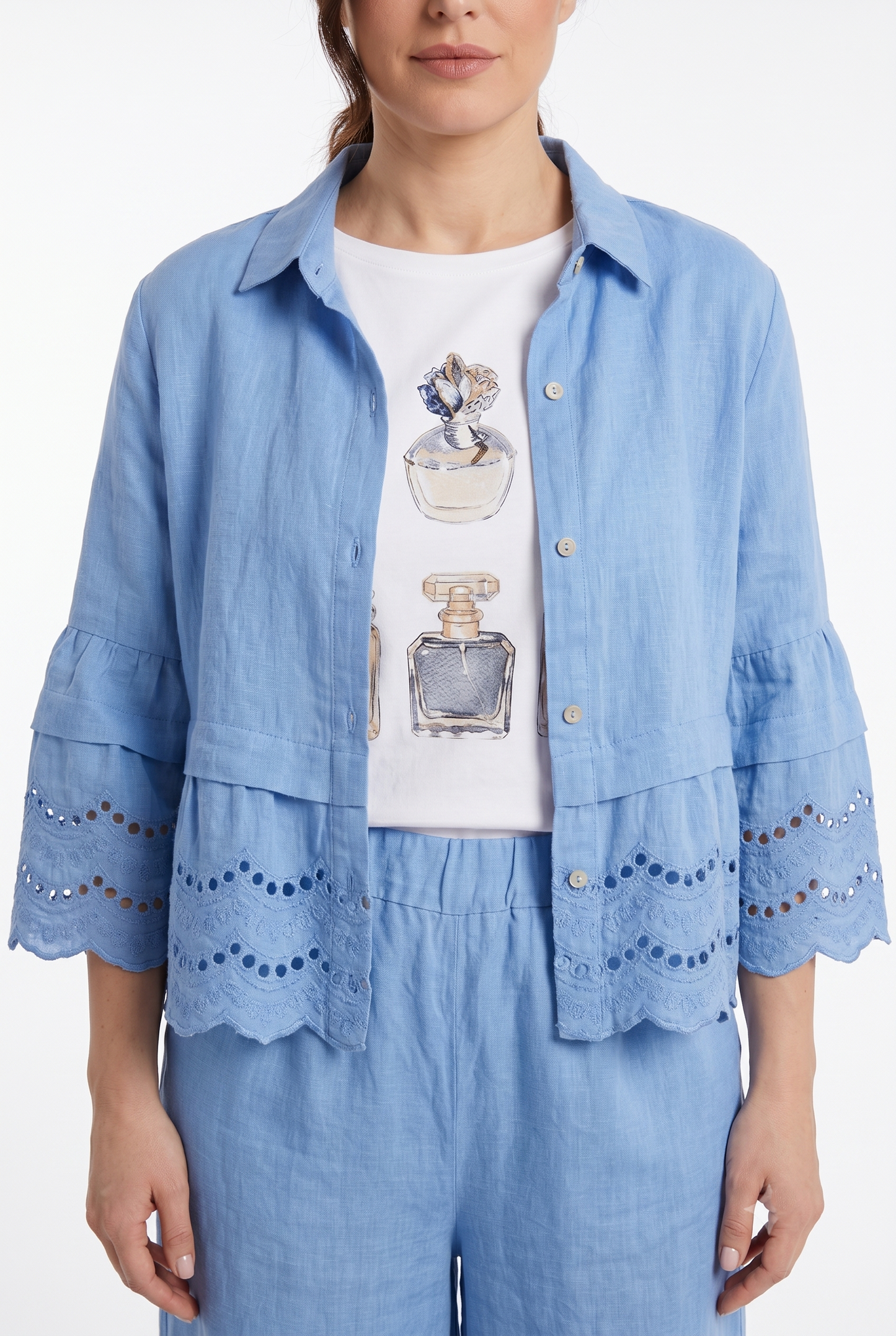 camicia 100% puro lino con pizzo sangallo azzurra