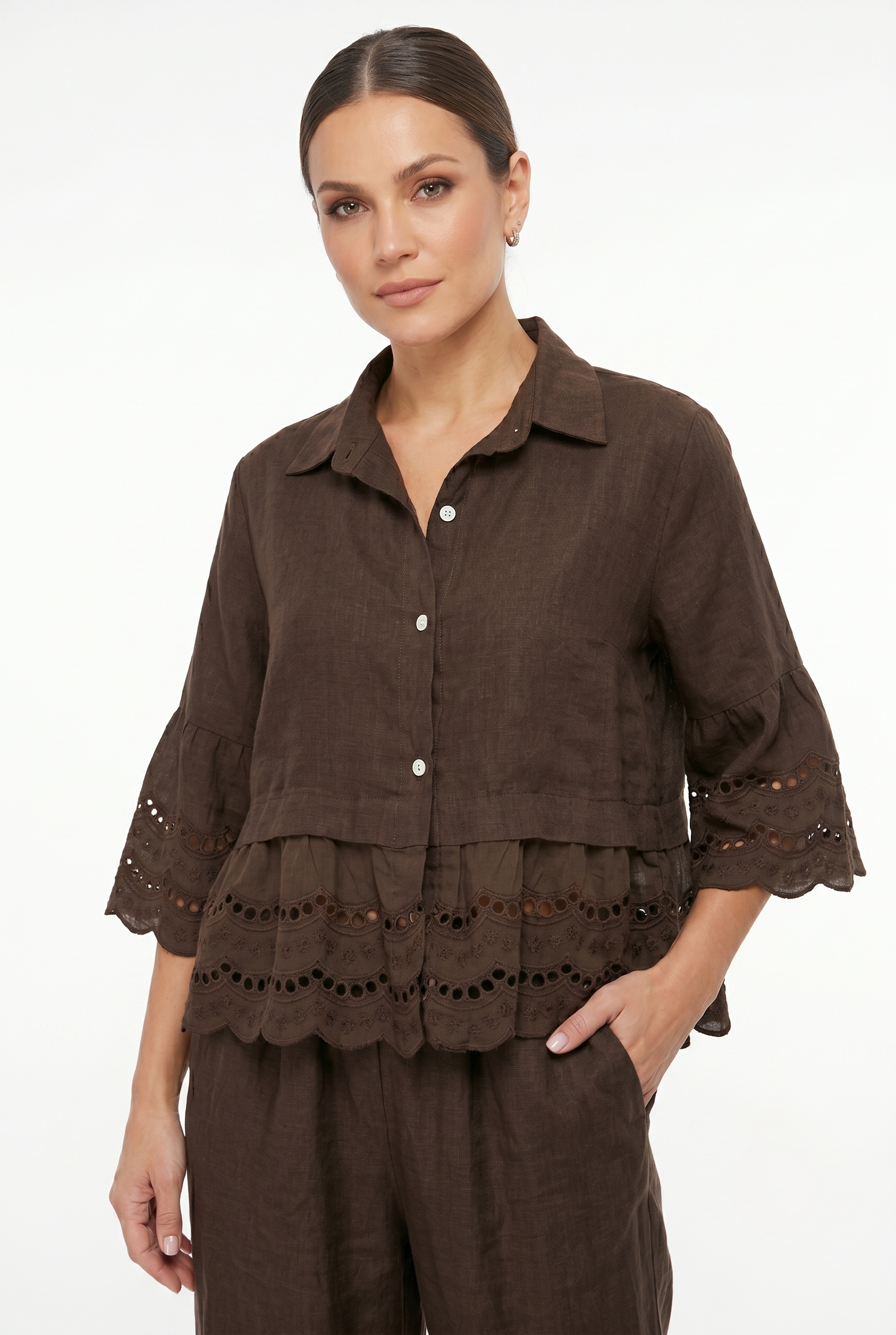 camicia 100% puro lino marrone con pizzo sangallo e manica 3/4