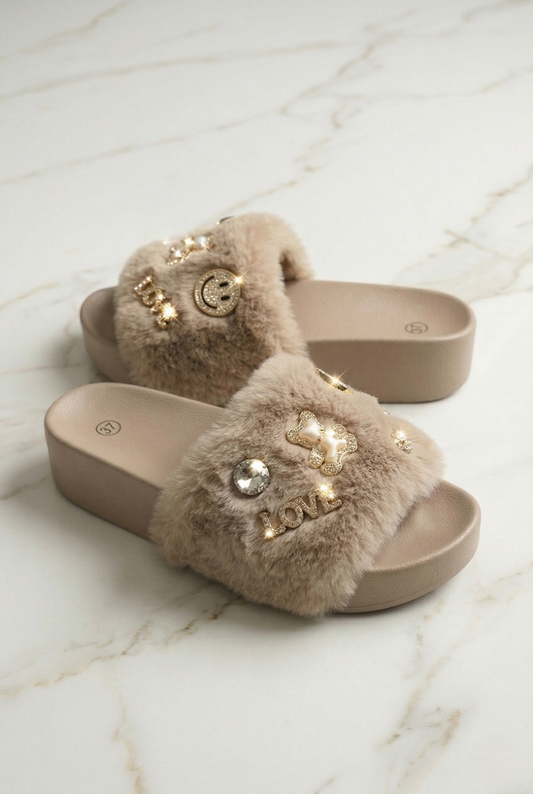 Ciabatte donna in pelliccia beige con strass e applicazioni gioiello glamour estive