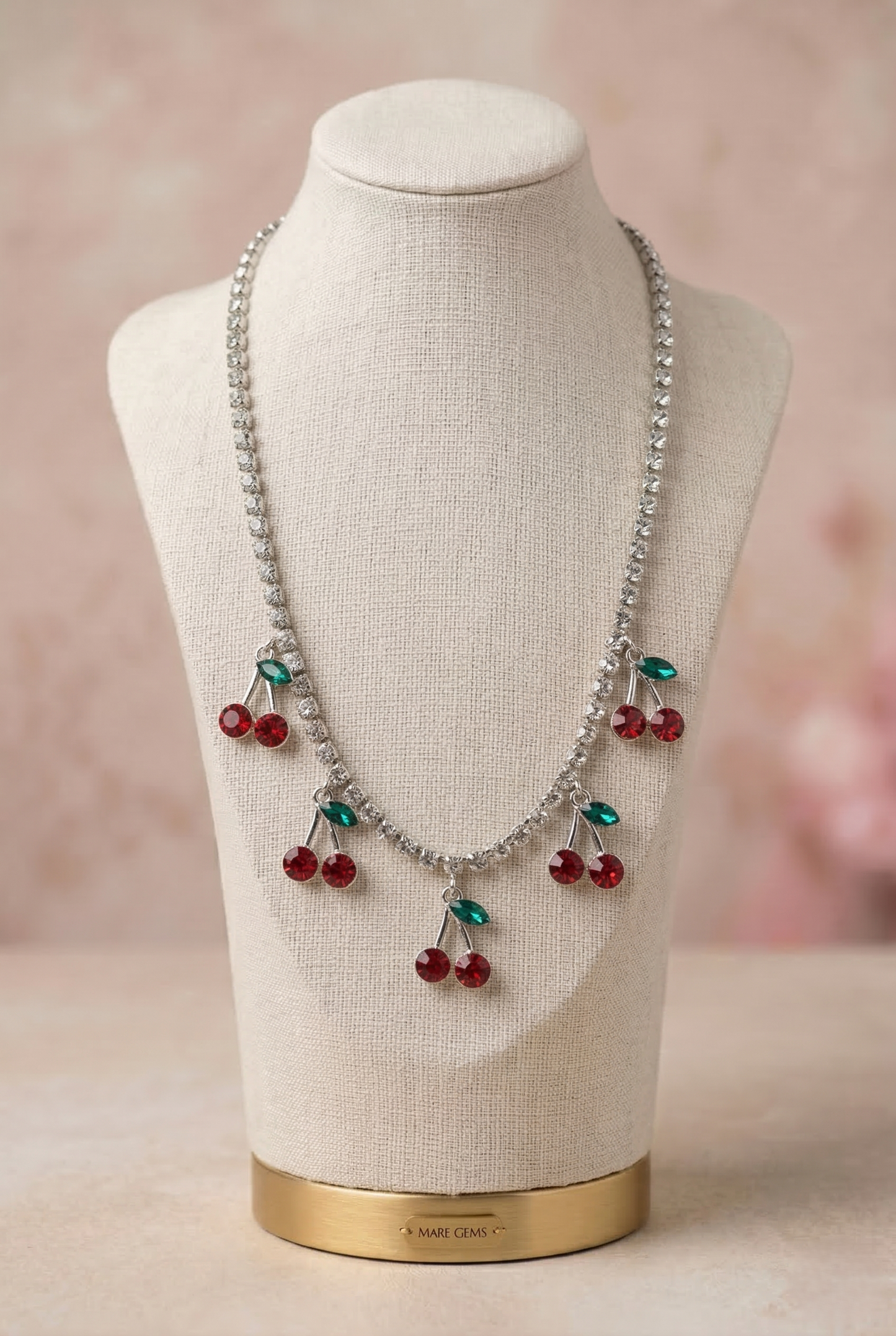 collana elegante donna con pendenti ciliegie e cristalli argentata
