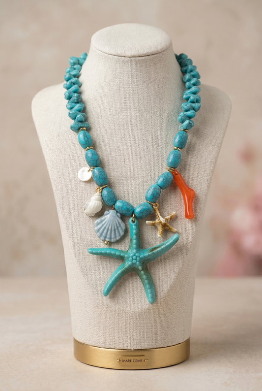 collana estiva turchese beach style con pendenti stella marina e conchiglie