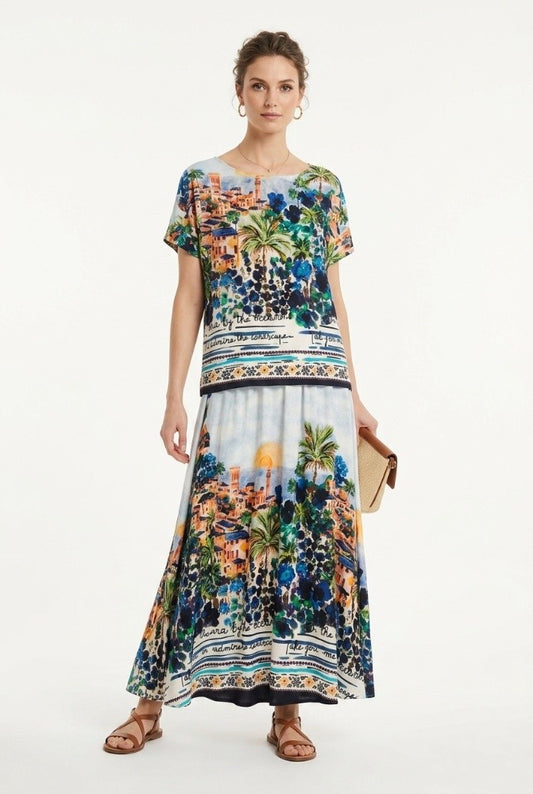 Completo 100% viscosa composto da blusa e gonna fantasia mediterranea paesaggio blu