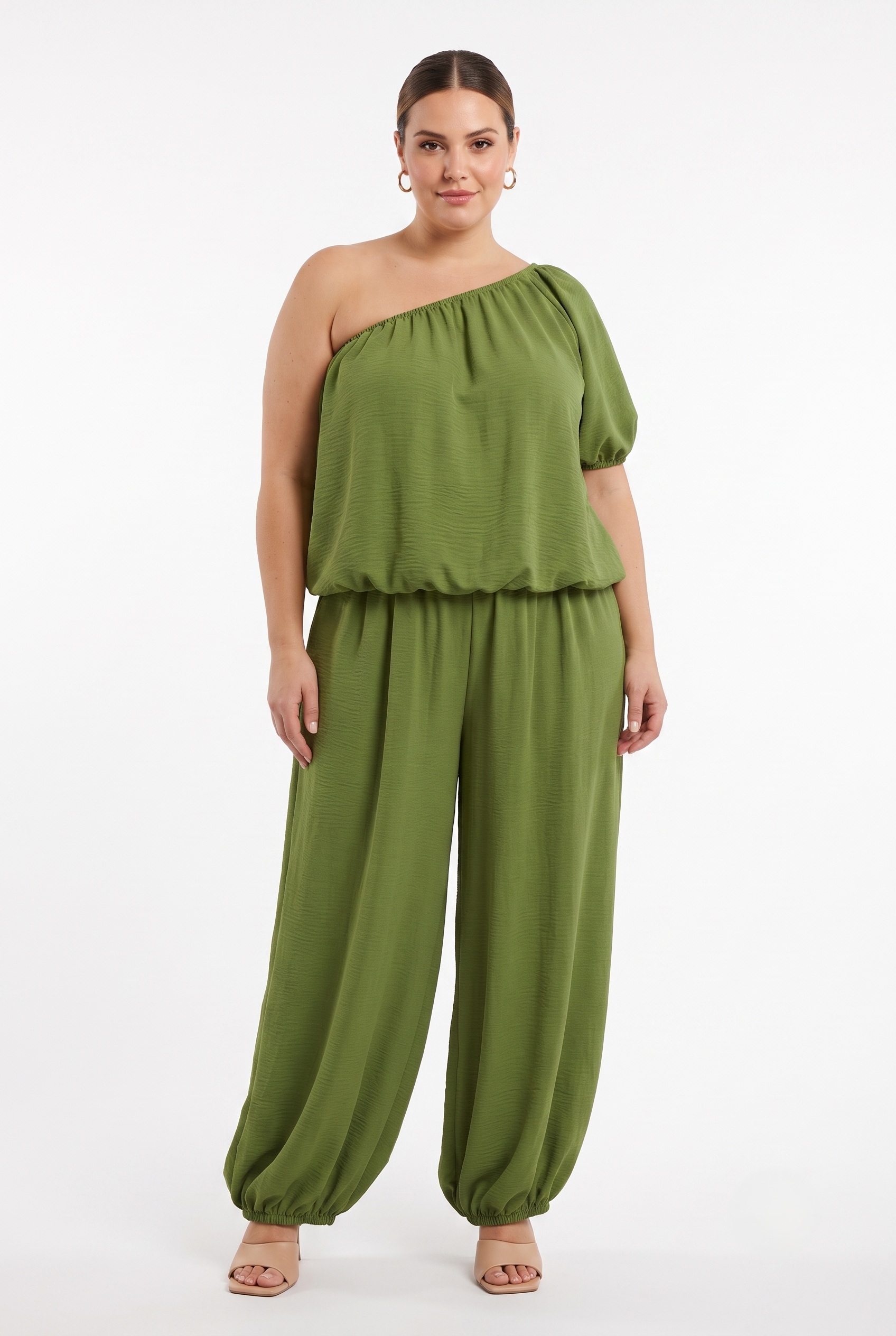 Completo donna curvy verde oliva monospalla 48-56, vista frontale
