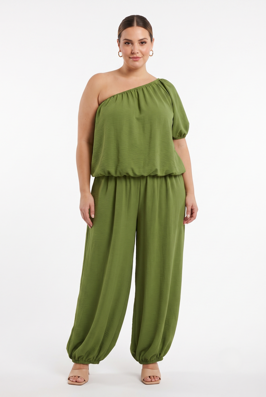 Completo donna curvy verde oliva monospalla 48-56, vista frontale