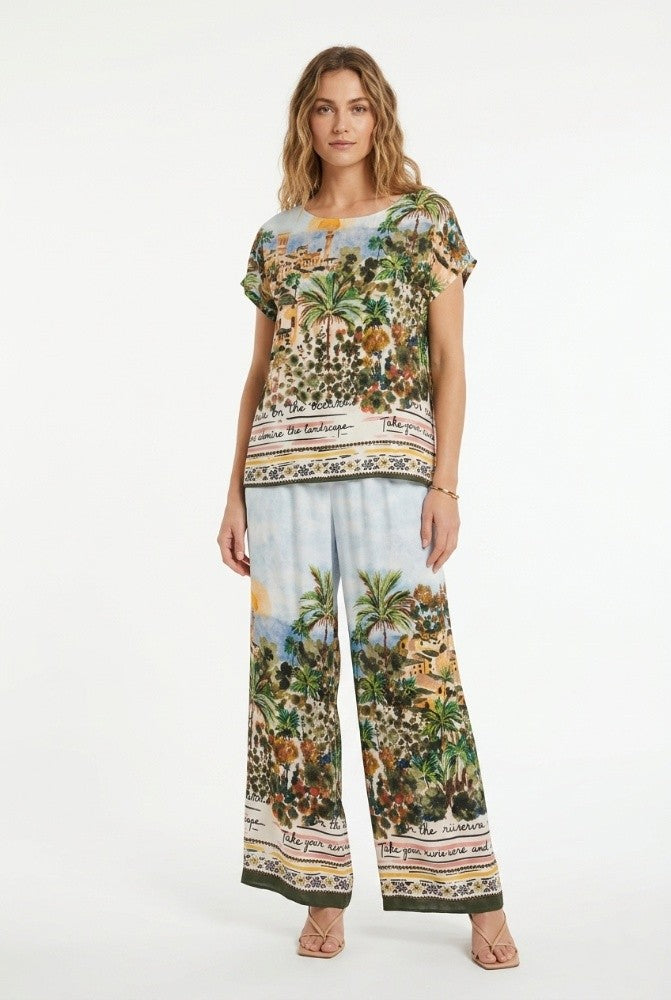 completo donna pantalone blusa coordinato estivo 100% viscosa fantasia floreale mediterranea verde militare