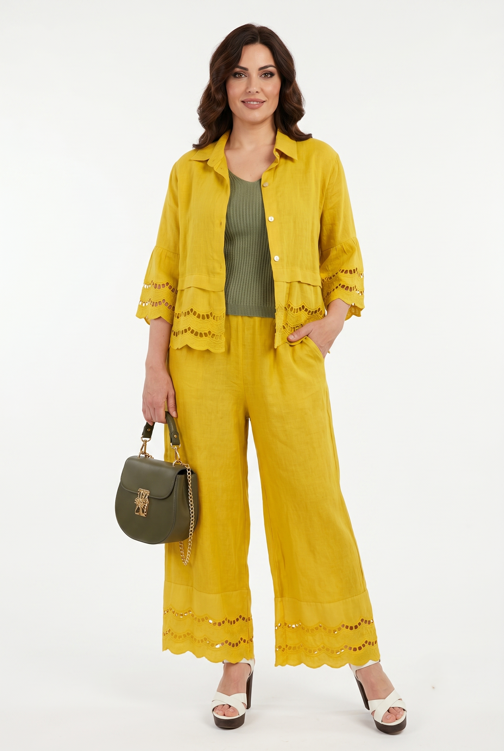completo 100% puro lino giallo ocra con pizzo sangallo