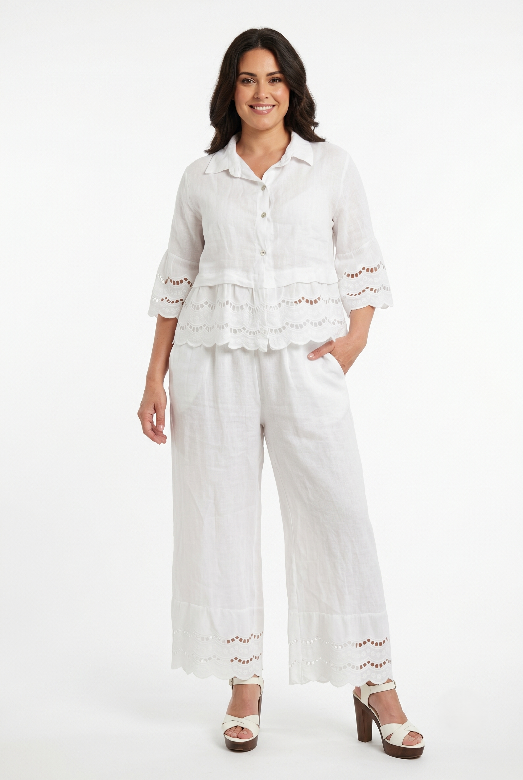 completo 100% puro lino bianco composto da camicia e pantalone con pizzo sangallo