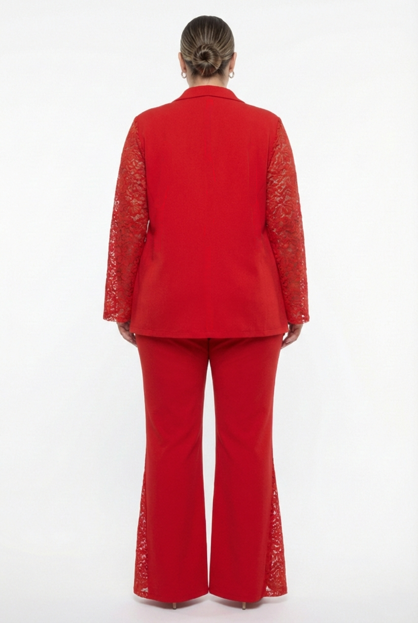 Completo donna plus size rosso elegante da cerimonia con maniche in pizzo e pantalone largo