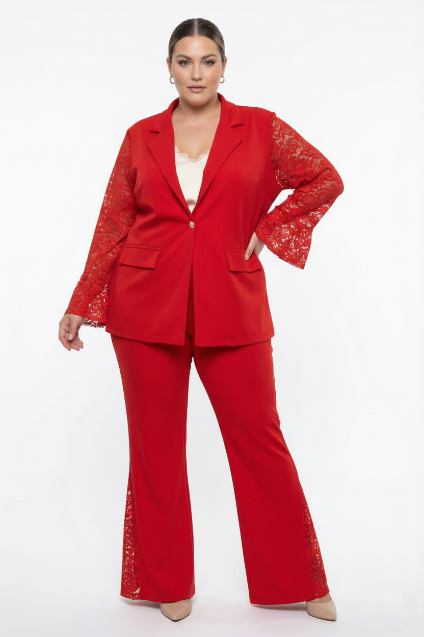 Completo donna plus size rosso elegante da cerimonia con maniche in pizzo e pantalone largo