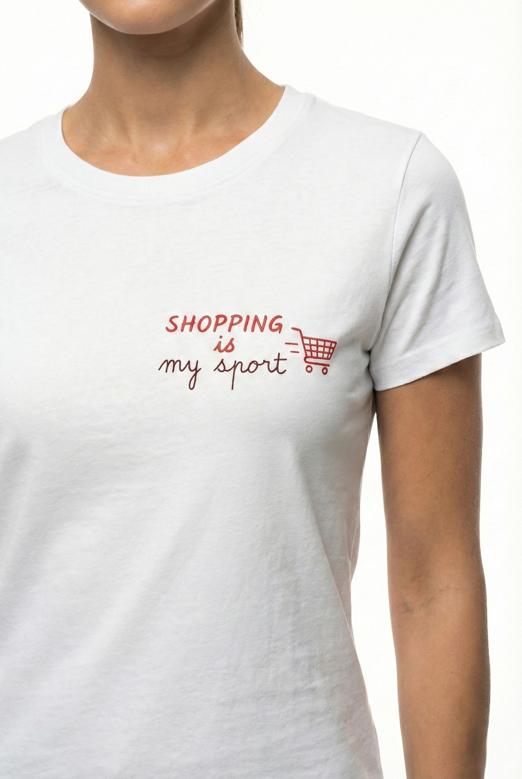 T-shirt donna bianca in cotone con scritta ironica “Shopping is my sport”, taglia unica vestibilità fino alla L