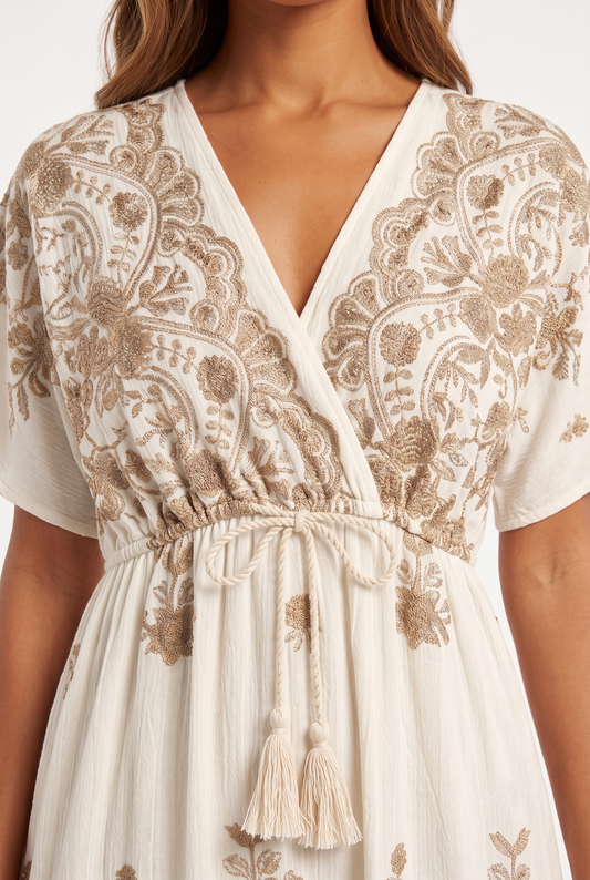 Dettaglio abito lungo donna ricamato beige con coulisse e nappine