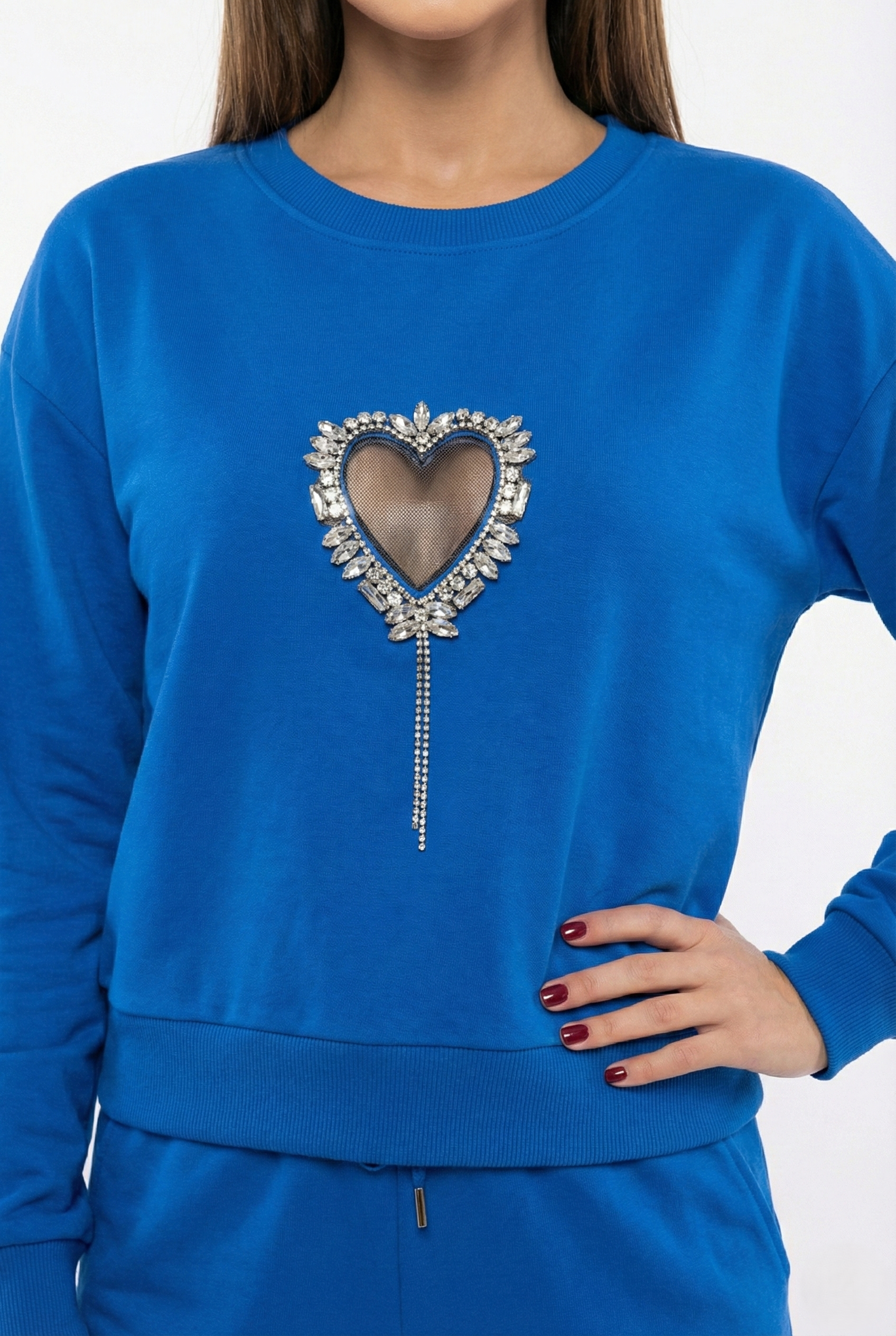 Felpa garzata blu con dettaglio cuore gioiello