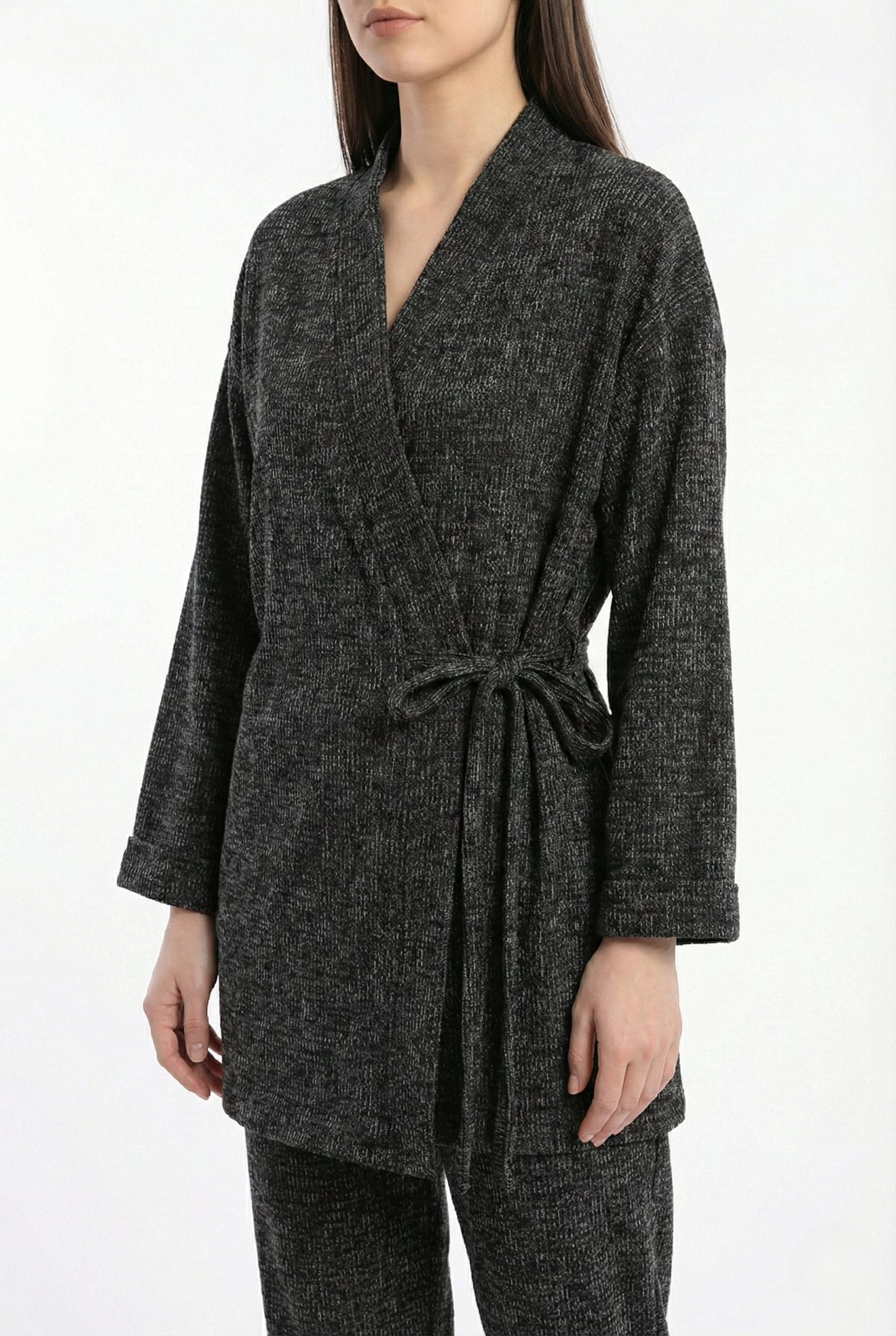 Giacca kimono donna con cintura abbinata a pantaloni antracite