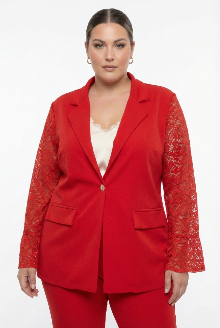 Completo donna plus size rosso elegante da cerimonia con maniche in pizzo e pantalone largo