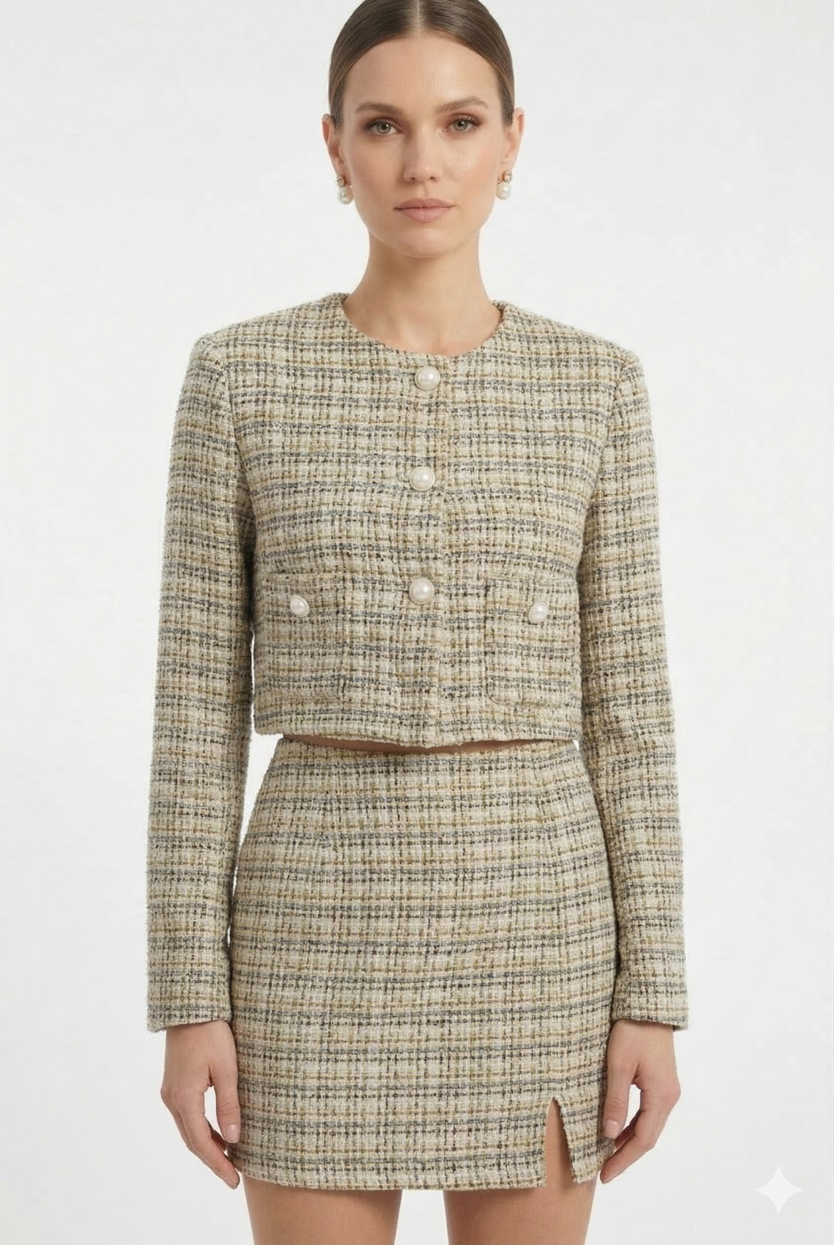 giacca tweed nera donna cropped bottoni gioiello