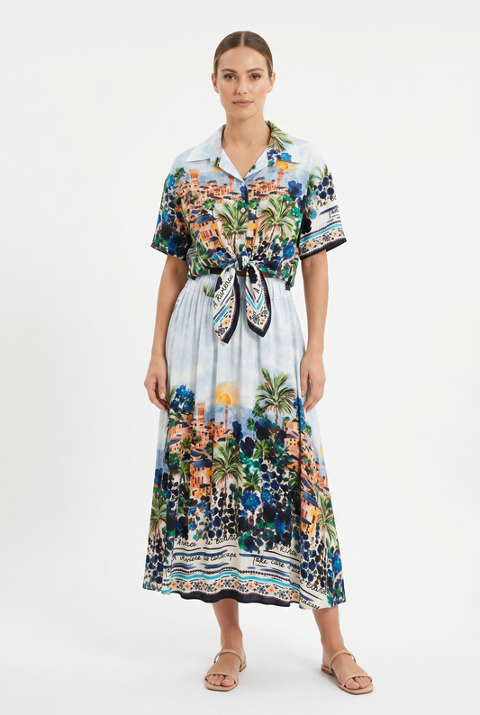 completo composto da gonna lunga leggera estiva donna 100% viscosa fantasia mediterranea blu