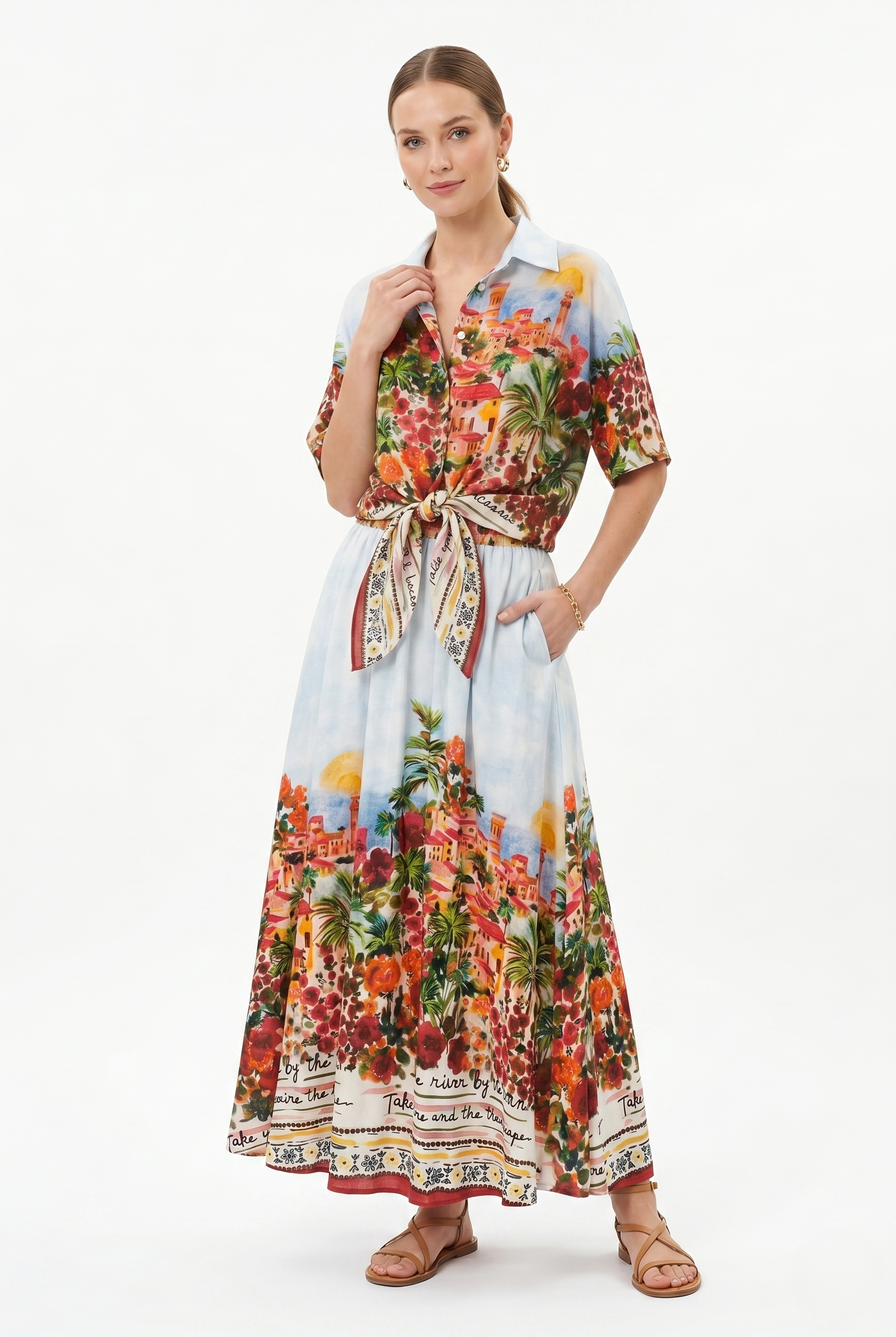 completo composto da gonna lunga leggera estiva donna 100% viscosa fantasia mediterranea rossa
