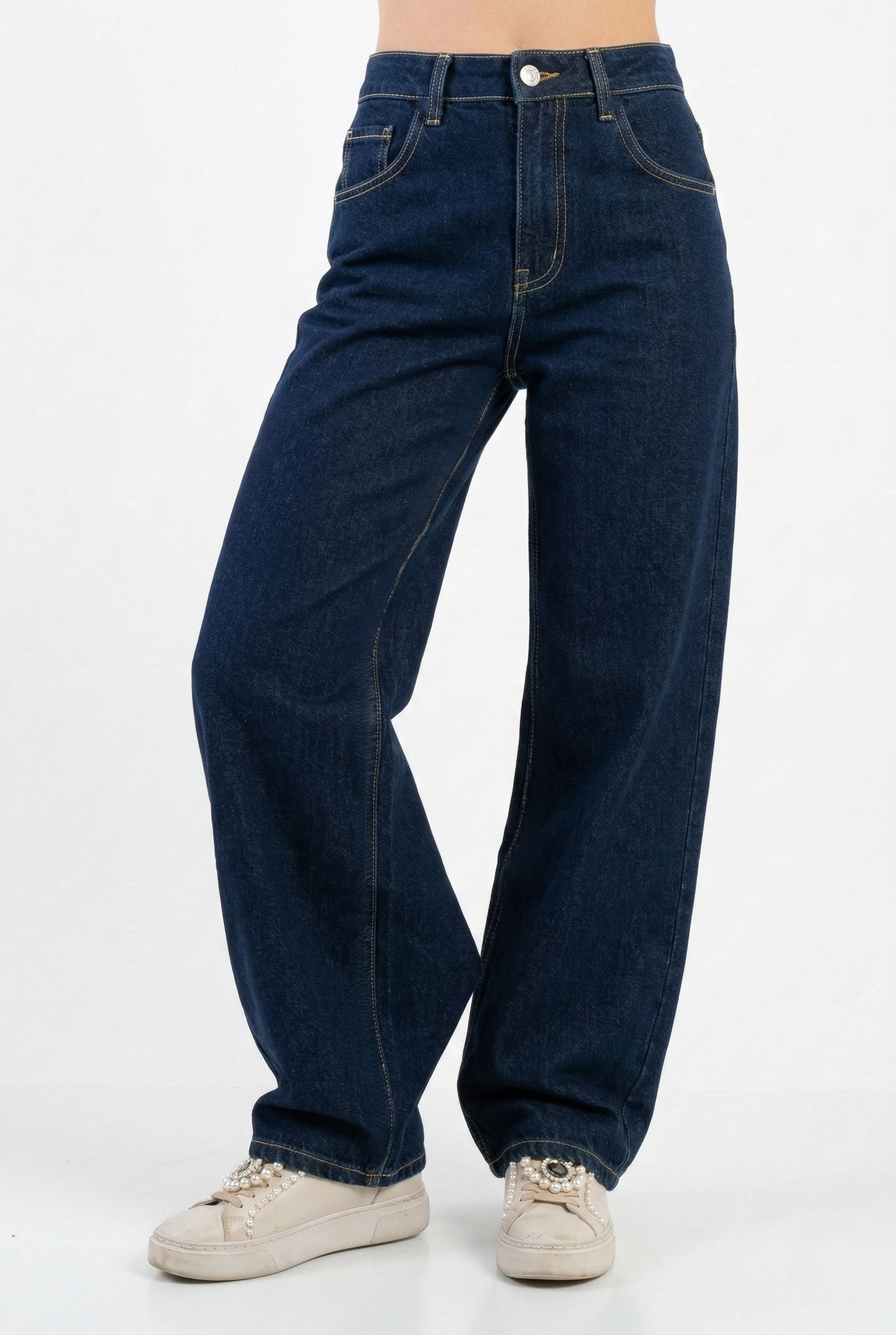 Jeans baggy donna blu scuro vita alta vista frontale