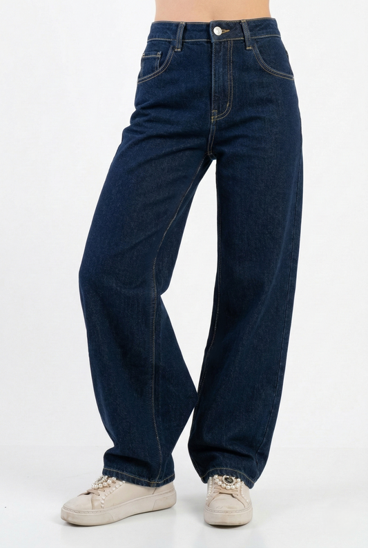 Jeans baggy donna blu scuro vita alta vista frontale