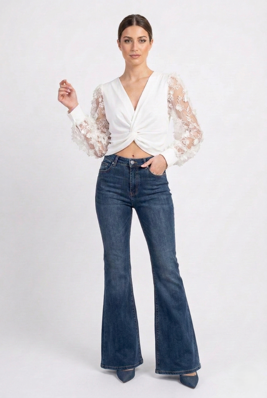 Jeans donna flare vita alta denim blu – pantaloni bootcut eleganti donna vista frontale