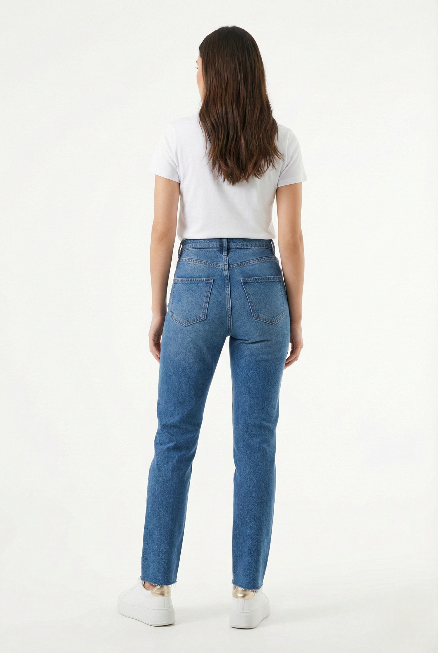 Jeans donna vita alta in denim blu con vestibilità regular fit e taglio dritto