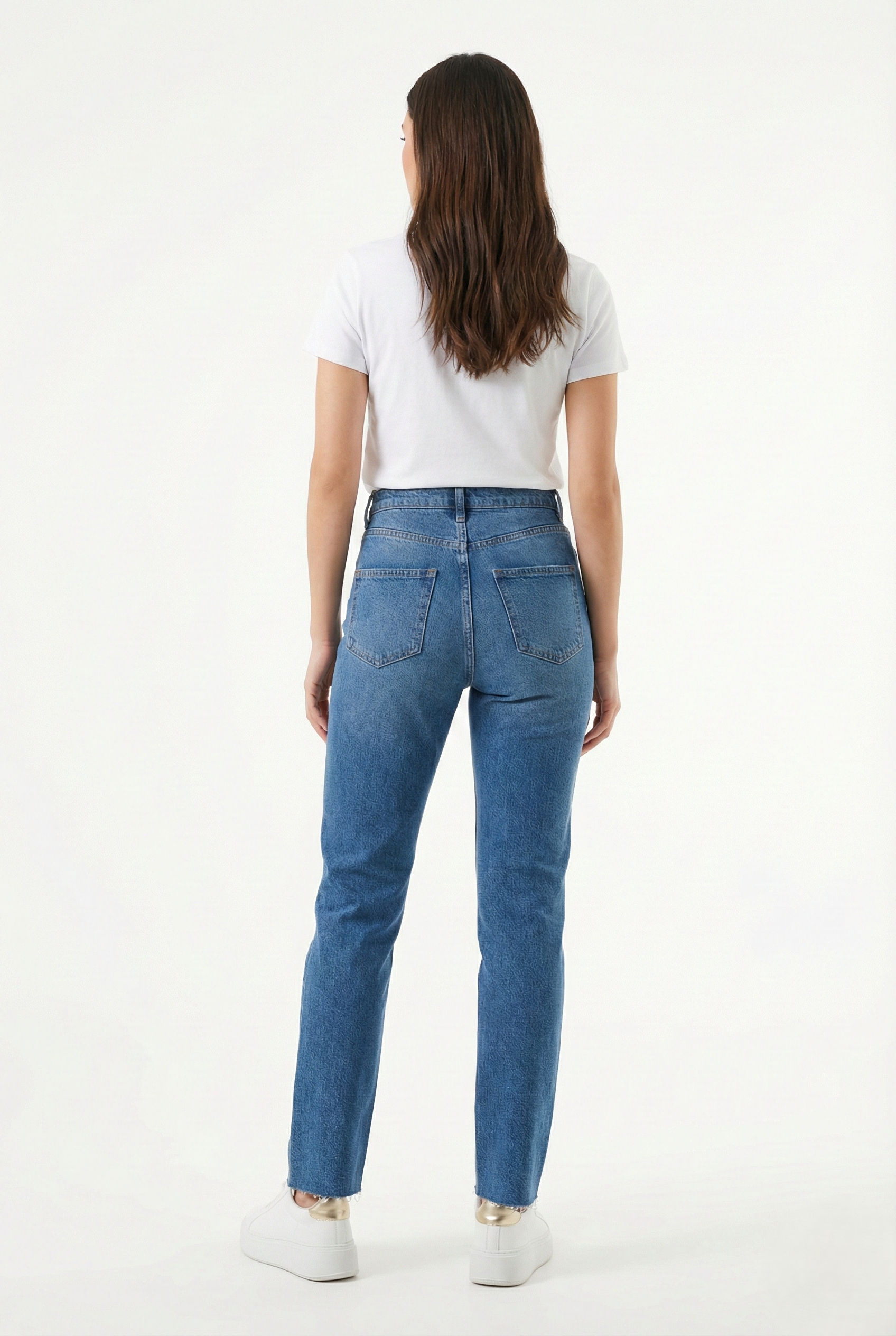 Jeans donna vita alta in denim blu con vestibilità regular fit e taglio dritto