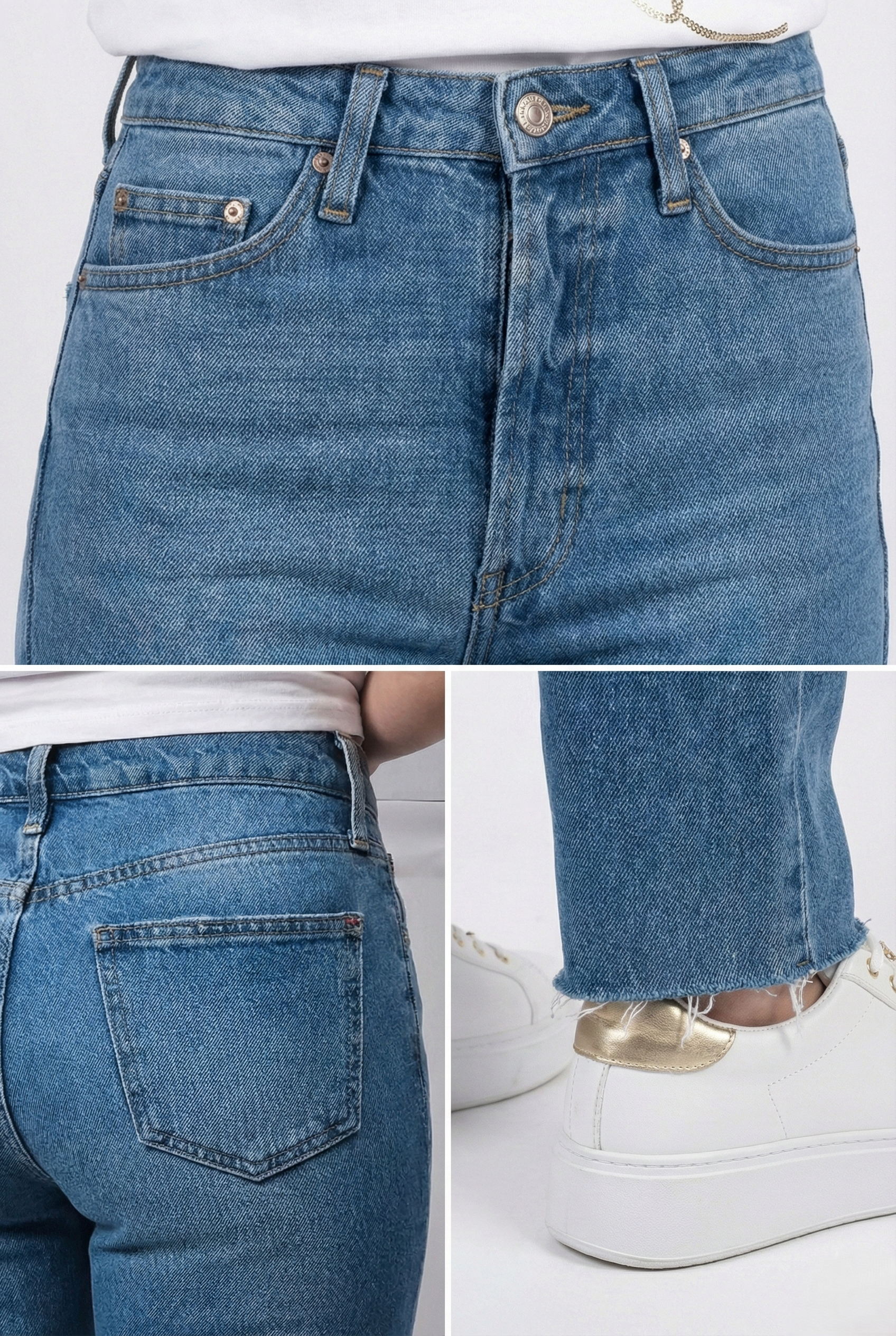 Jeans donna vita alta in denim blu con vestibilità regular fit e taglio dritto