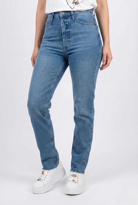 Jeans donna vita alta in denim blu con vestibilità regular fit e taglio dritto