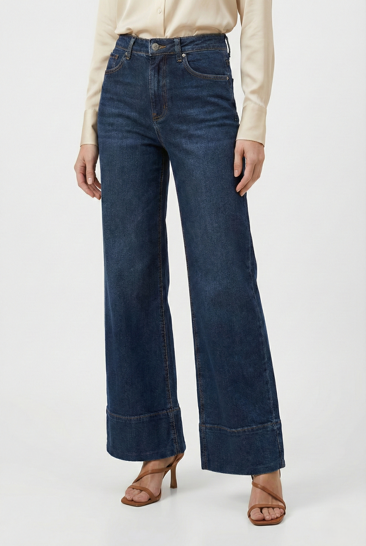 Jeans donna wide leg vita alta blu scuro vestibilità ampia modello palazzo