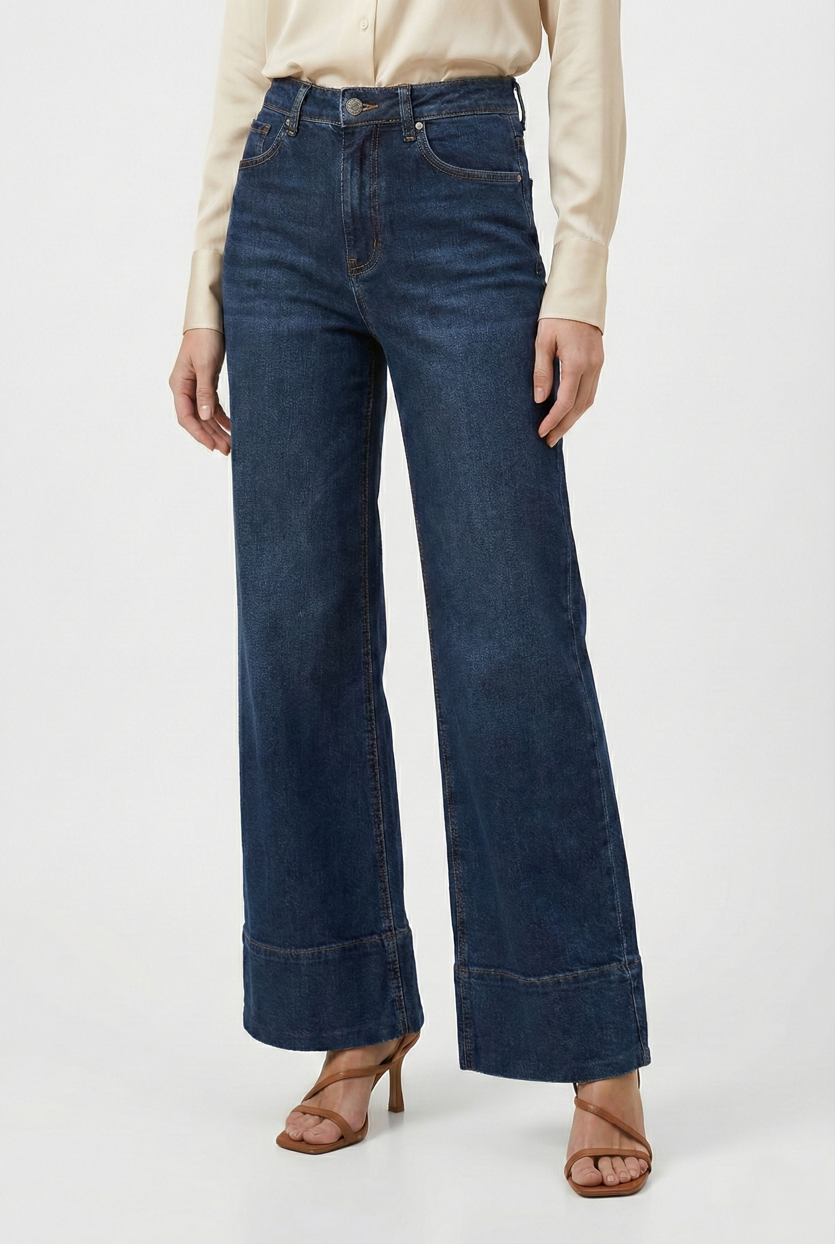 Jeans donna wide leg vita alta blu scuro vestibilità ampia modello palazzo