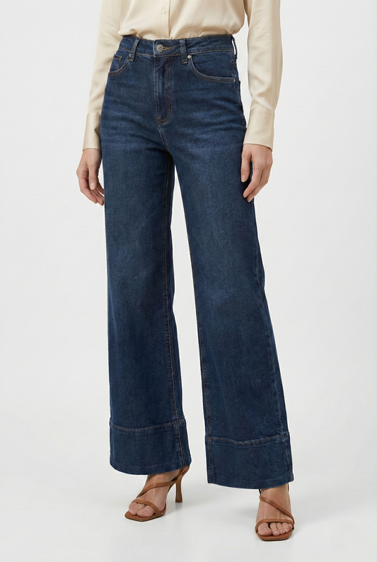 Jeans donna wide leg vita alta blu scuro vestibilità ampia modello palazzo