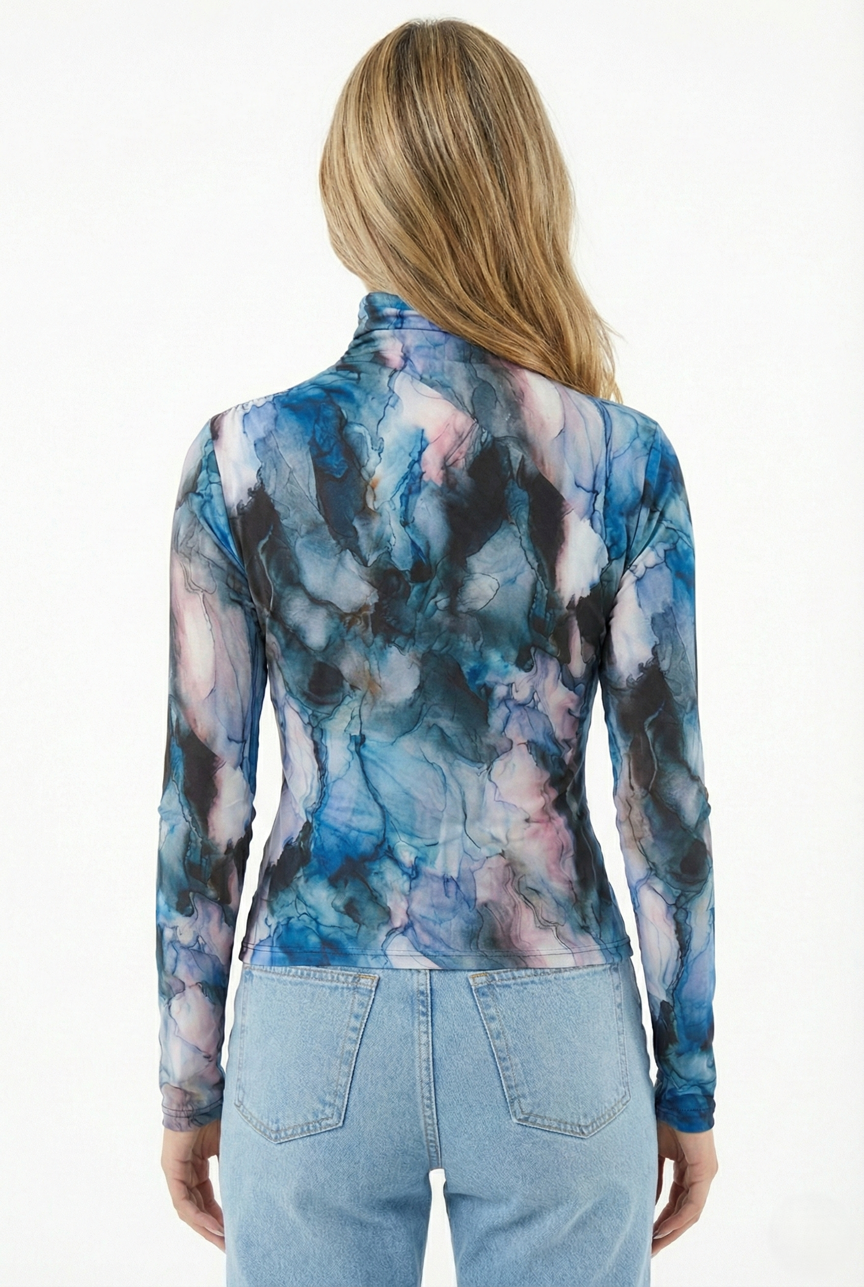 Top aderente donna elasticizzato con stampa marmorizzata blu