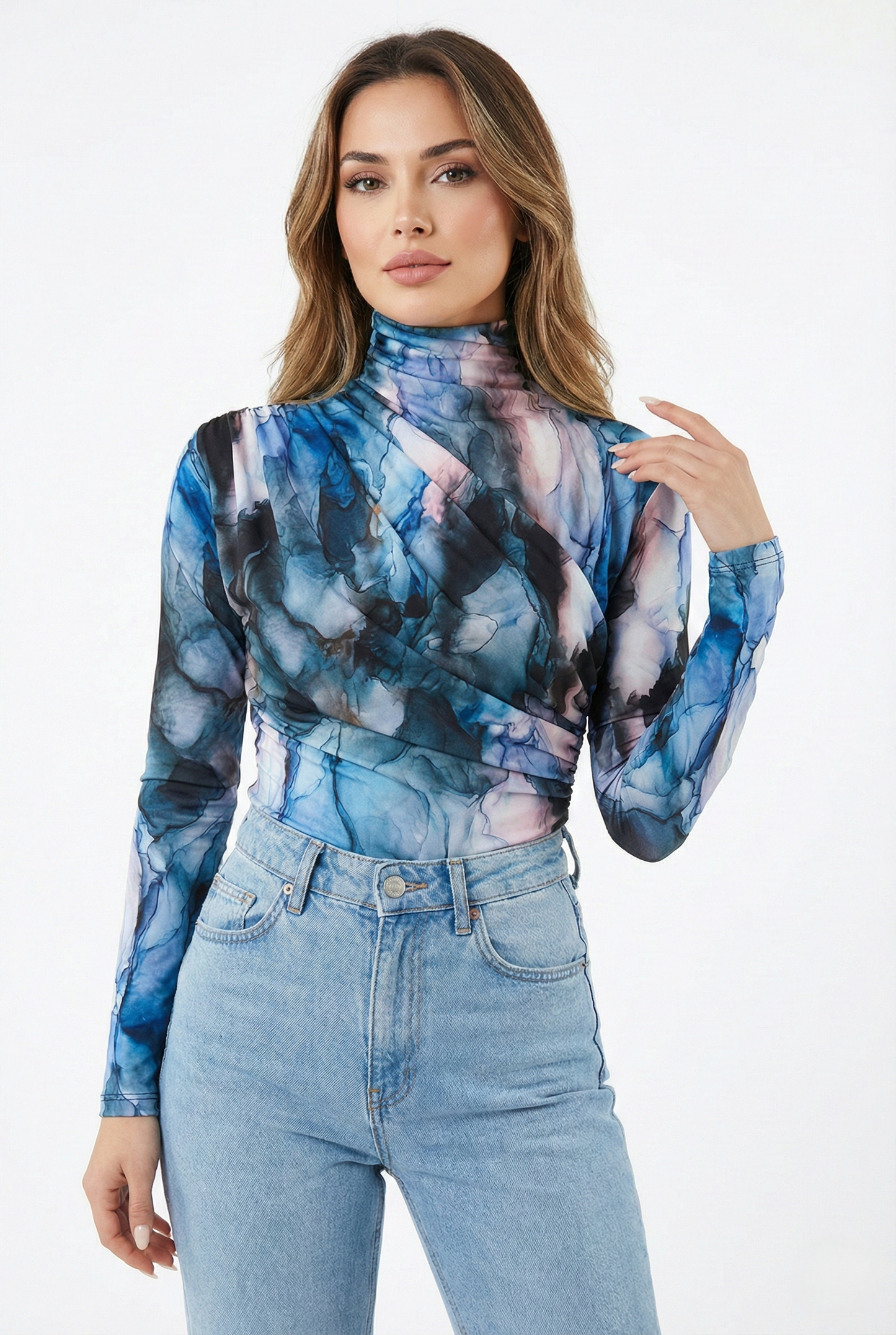 Top aderente donna elasticizzato con stampa marmorizzata blu