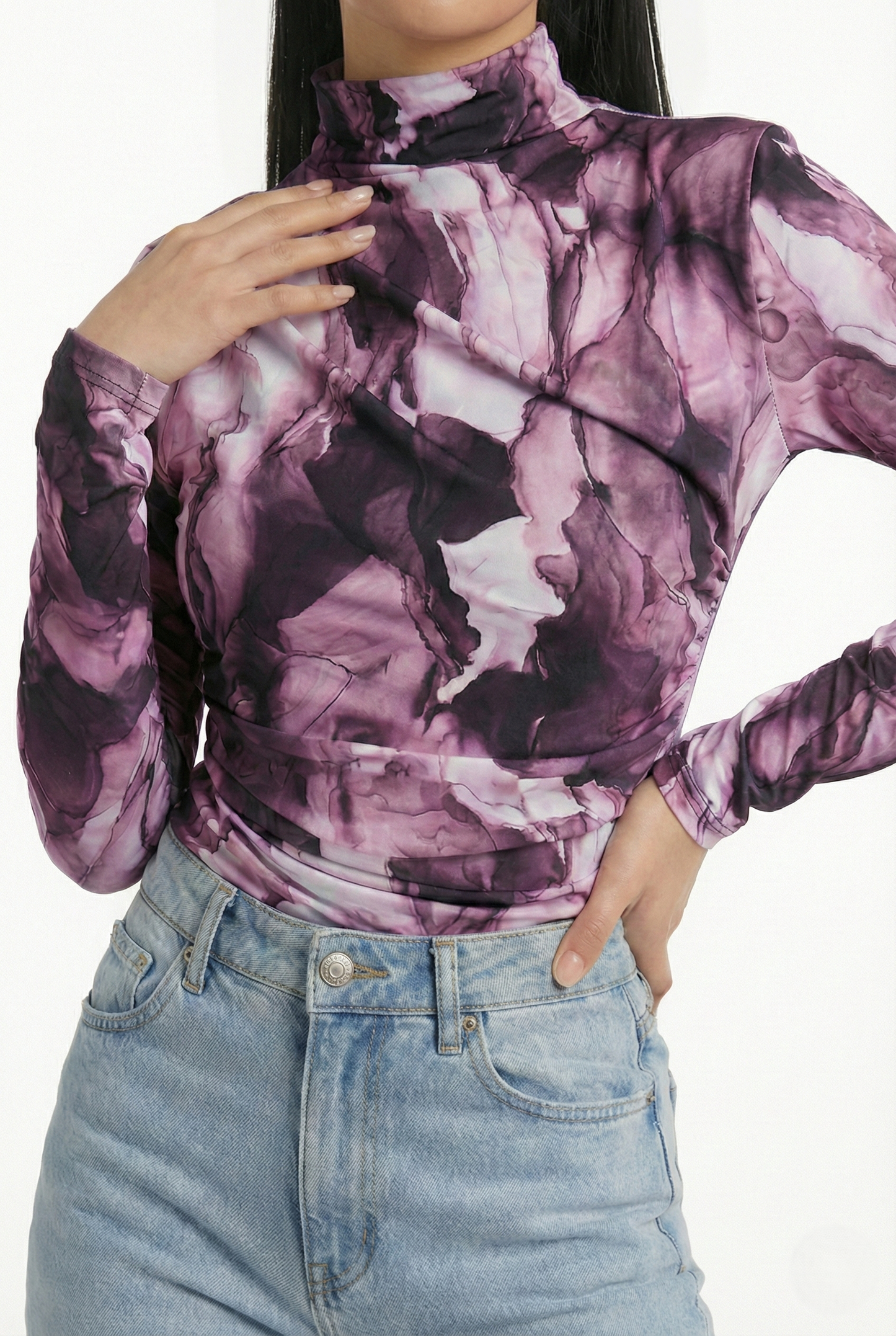 Maglia aderente viola donna elasticizzata a collo alto vestibilità slim fit