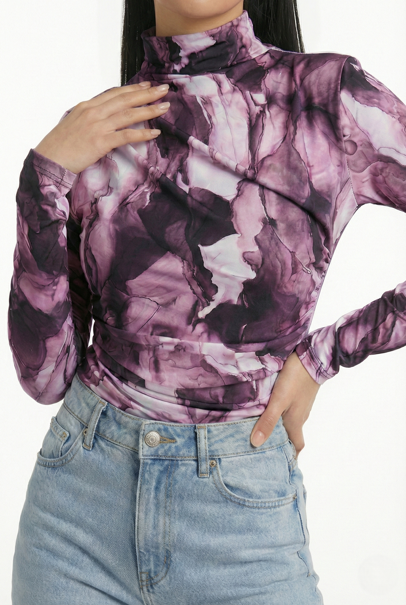 Maglia aderente viola donna elasticizzata a collo alto vestibilità slim fit