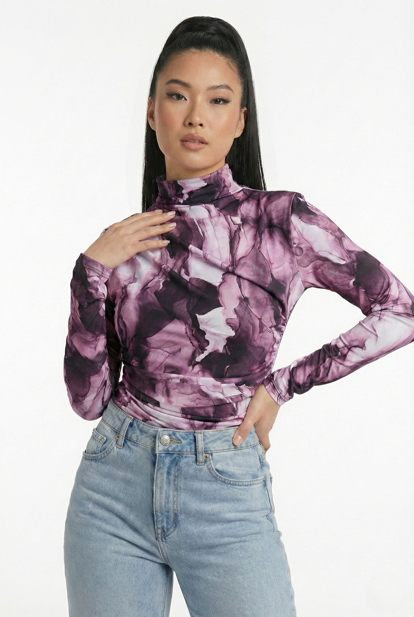 Maglia aderente viola donna elasticizzata a collo alto vestibilità slim fit