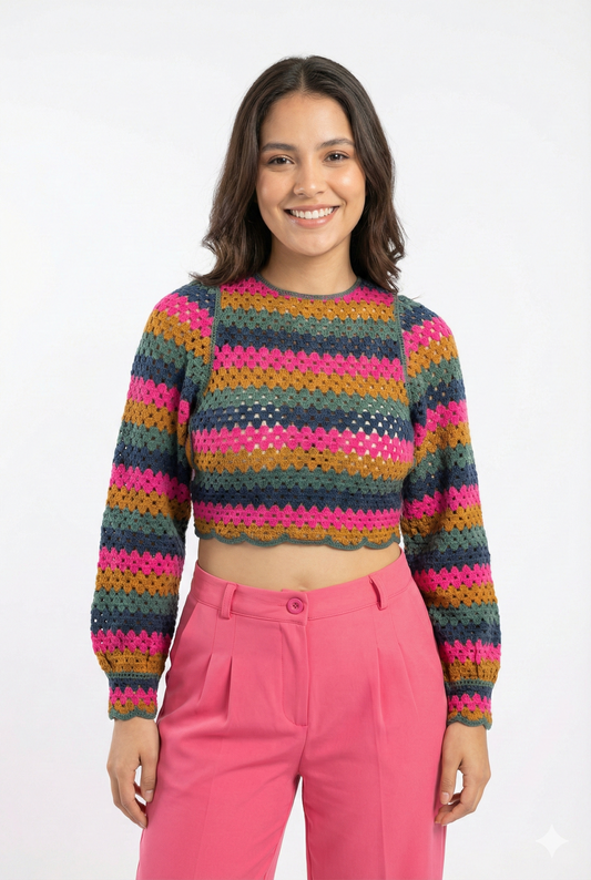 Maglia crop donna in uncinetto multicolore con maniche lunghe