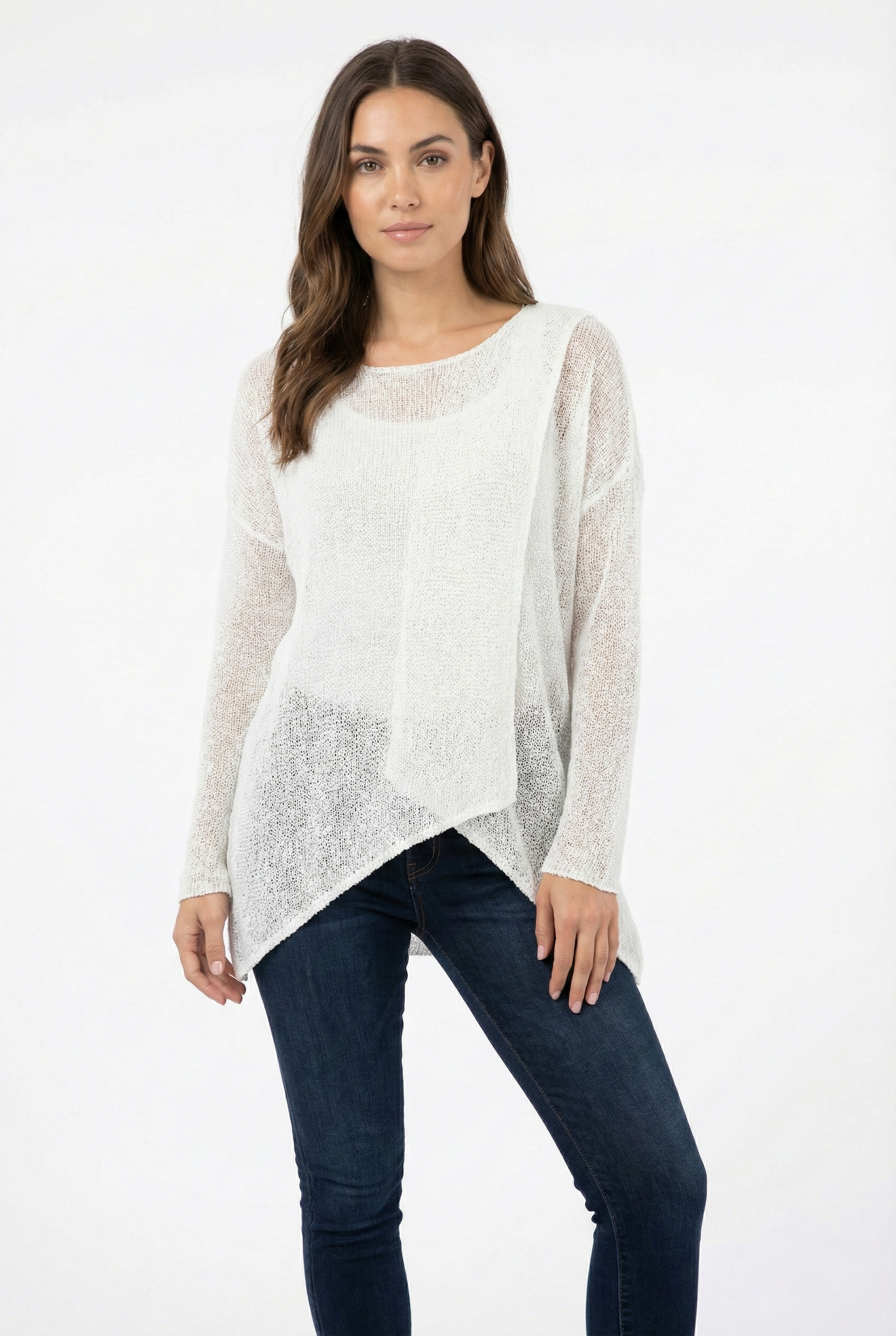 Maglia over asimmetrica donna in tessuto leggero colore bianca taglia unica