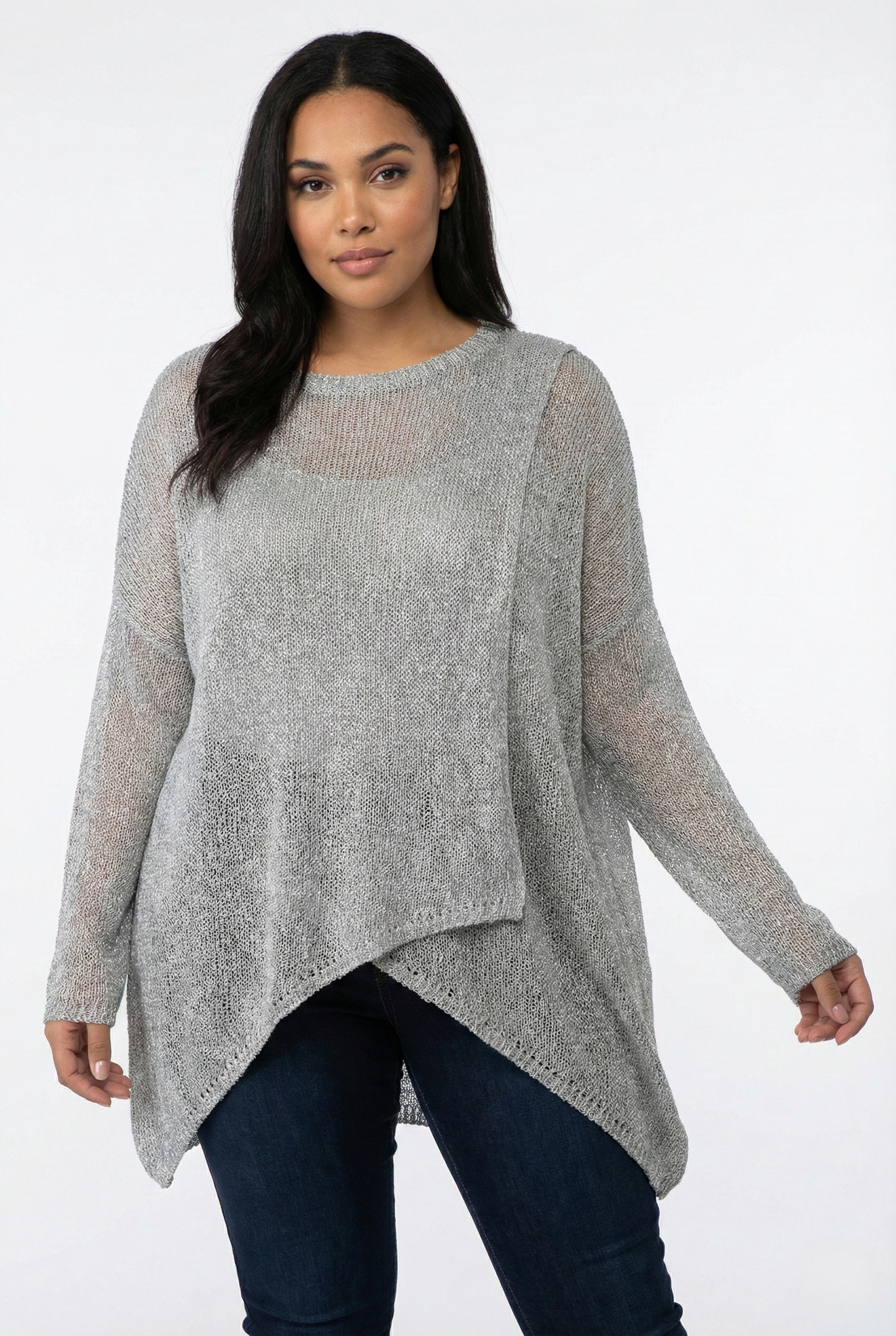 Maglia over asimmetrica donna vestibilità curvy colore grigio chiaro