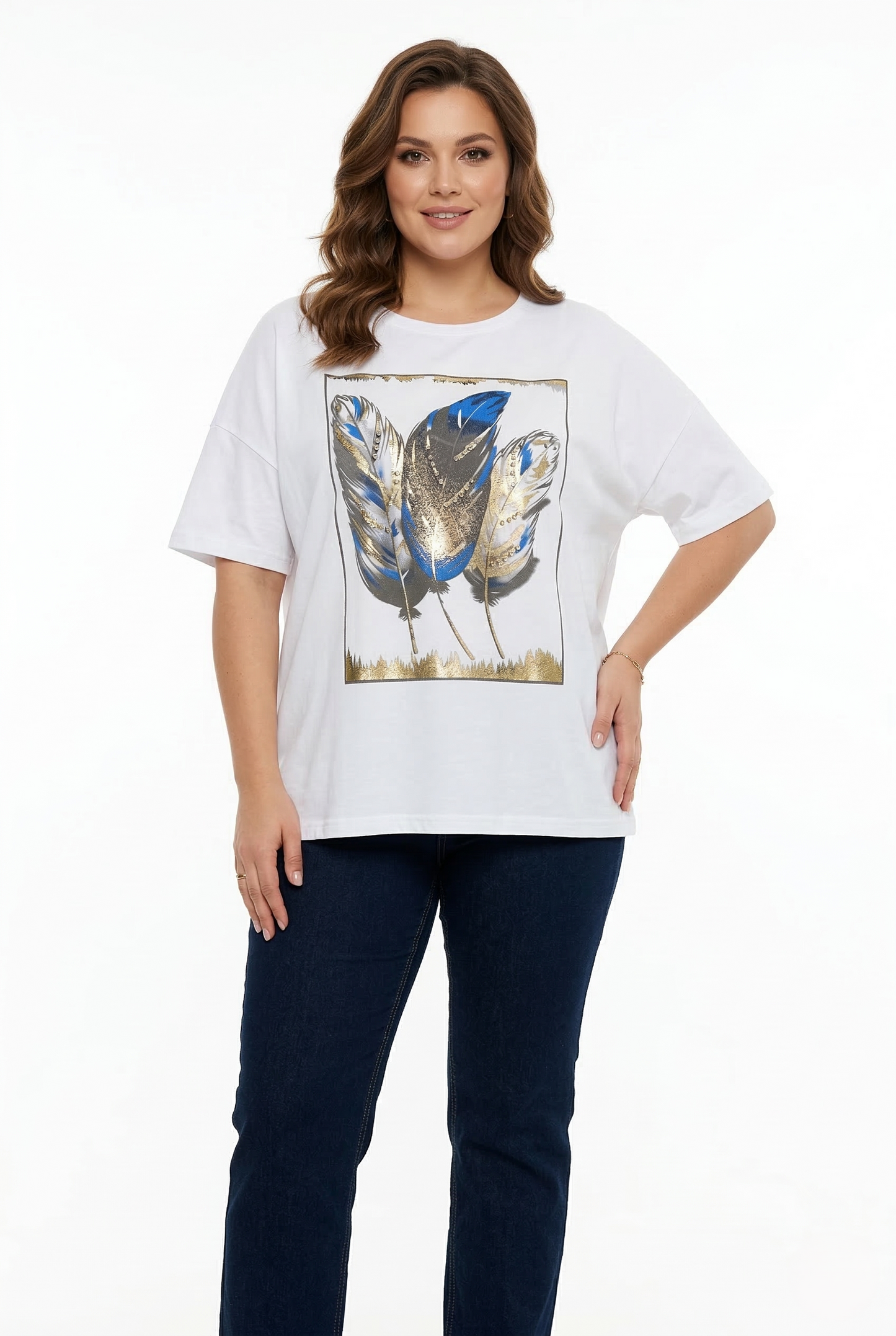 T-shirt donna curvy con piume blu e dettagli glitter