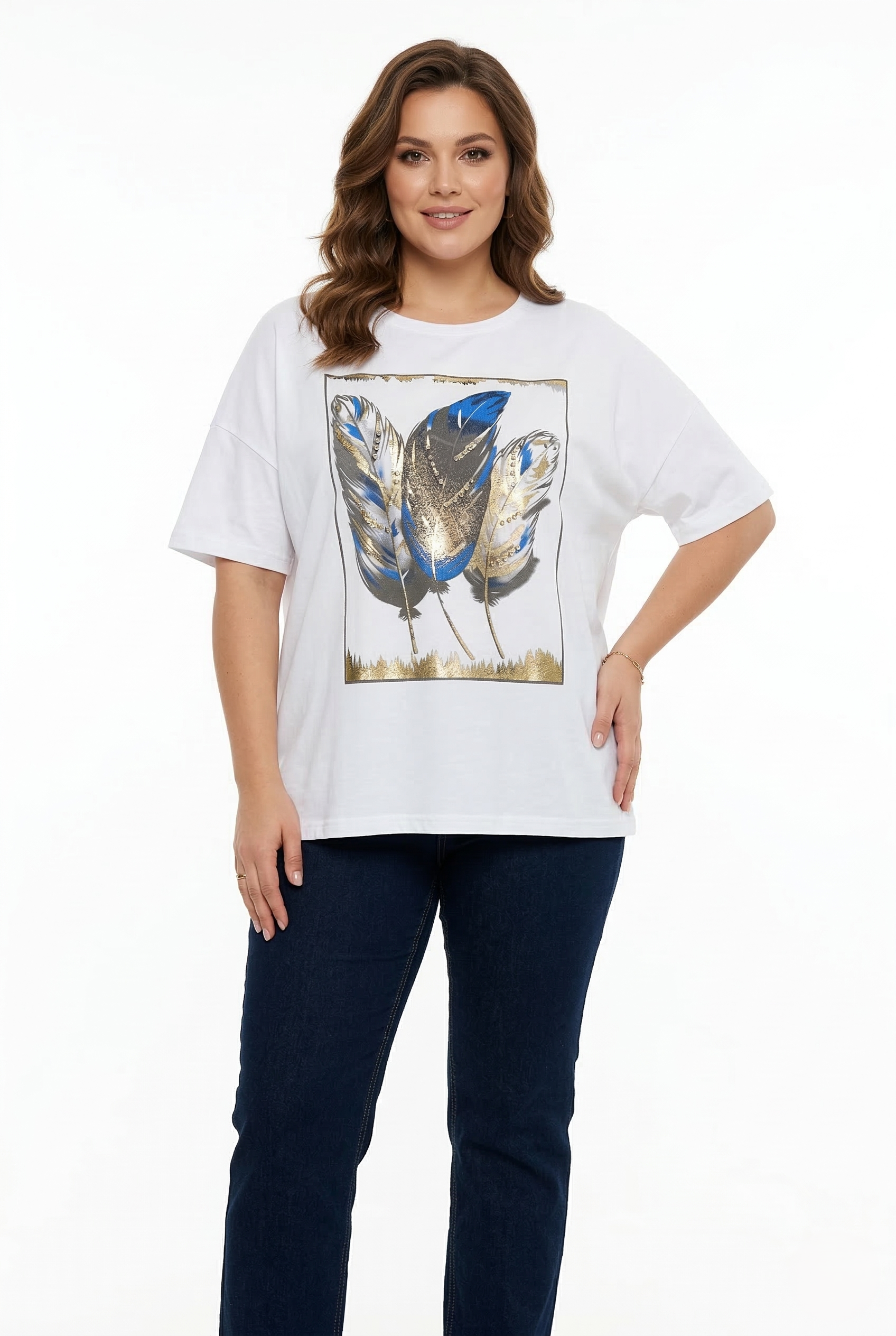 T-shirt donna curvy con piume blu e dettagli glitter