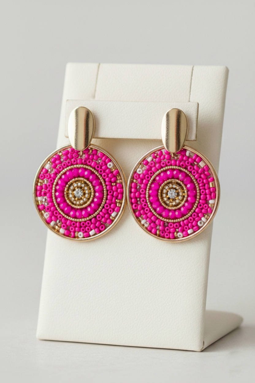 Orecchini mandala in perline rosa con struttura dorata gioielli moda eleganti da donna