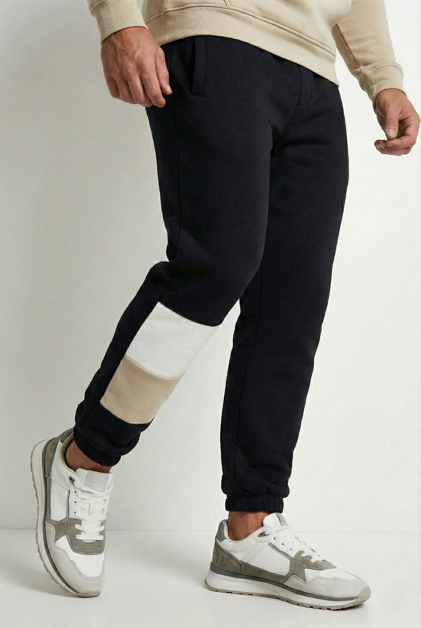 pantalone felpato uomo bicolore cappuccio nero beige