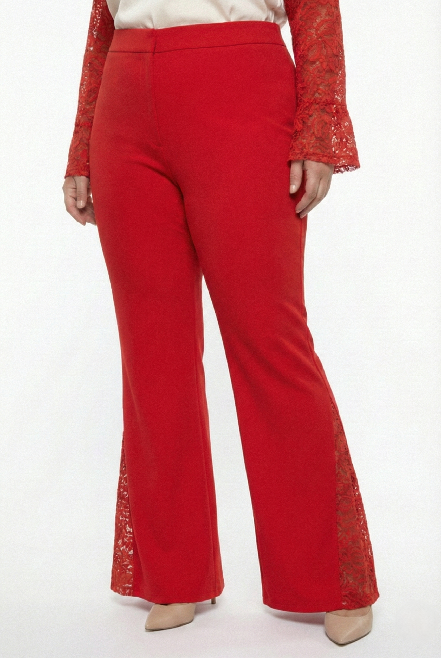 Completo donna plus size rosso elegante da cerimonia con maniche in pizzo e pantalone largo