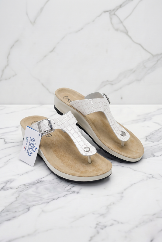 Sandali Fly Flot da donna in vera pelle avorio effetto cocco con fibbia regolabile e zeppa comoda alta 4,5 cm