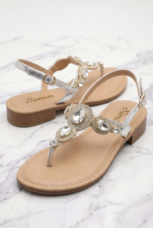Sandali gioiello donna argento con cinturino regolabile, infradito e tacco basso 3 cm