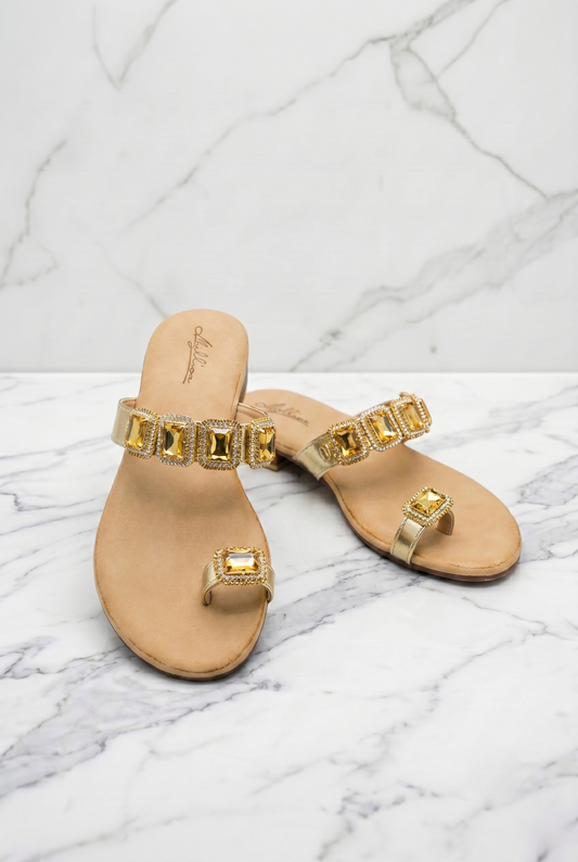 Sandali gioiello oro da donna con strass, pietre ambra e tacco basso 3 cm