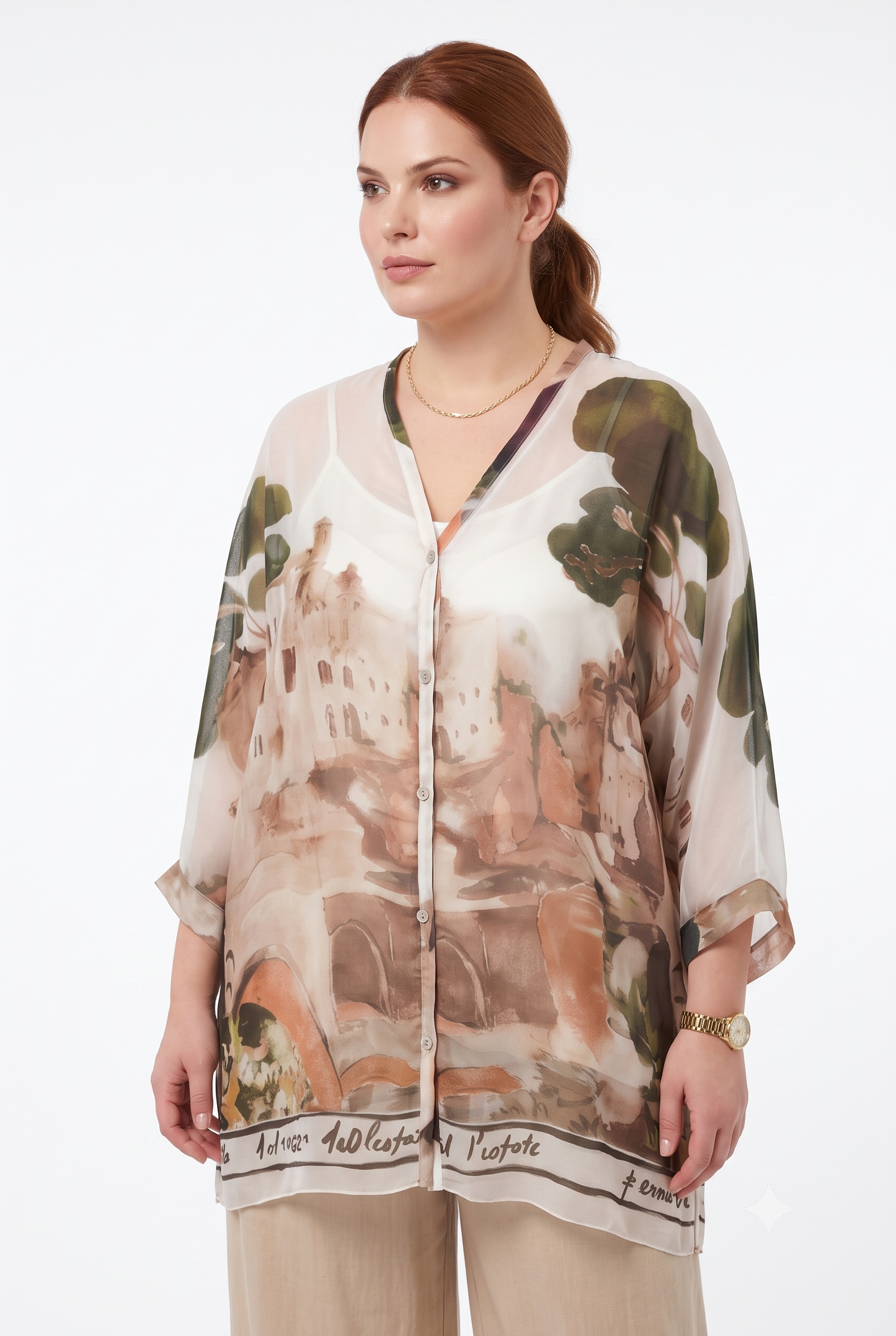 Set donna curvy canottiera e camicia fantasia paesaggio beige